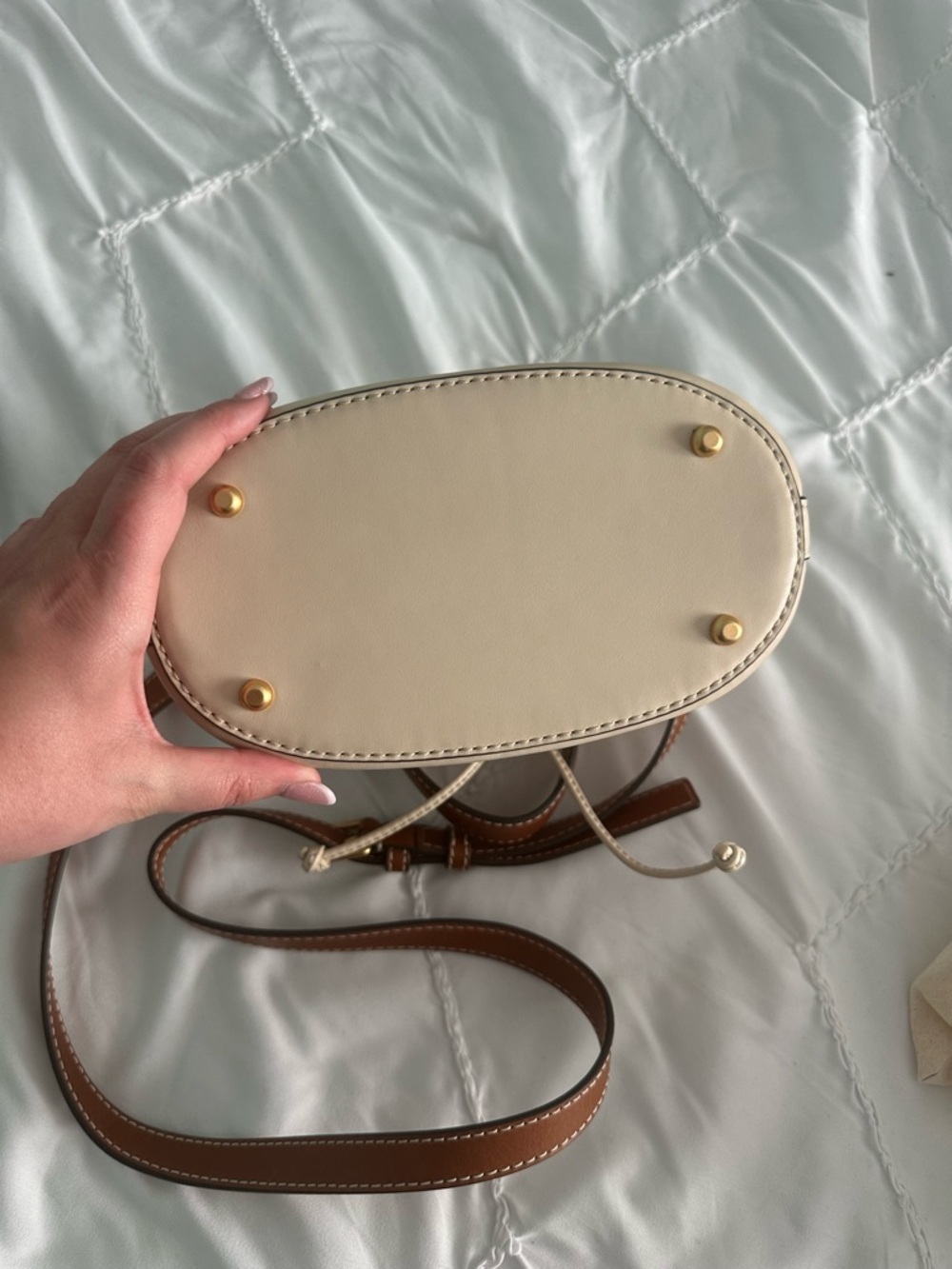 Tory Burch Neutral Beige Mini Drawstring Bucket Bag with Brown Strap - Picture 4 of 5